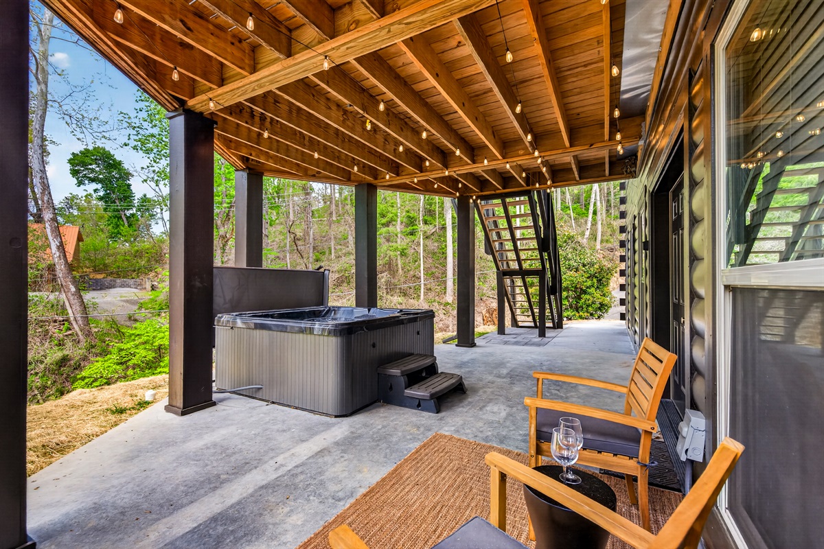 Hot tub off main downstairs entrance. Drained, cleaned, sanitized and refilled after each guest stay.
