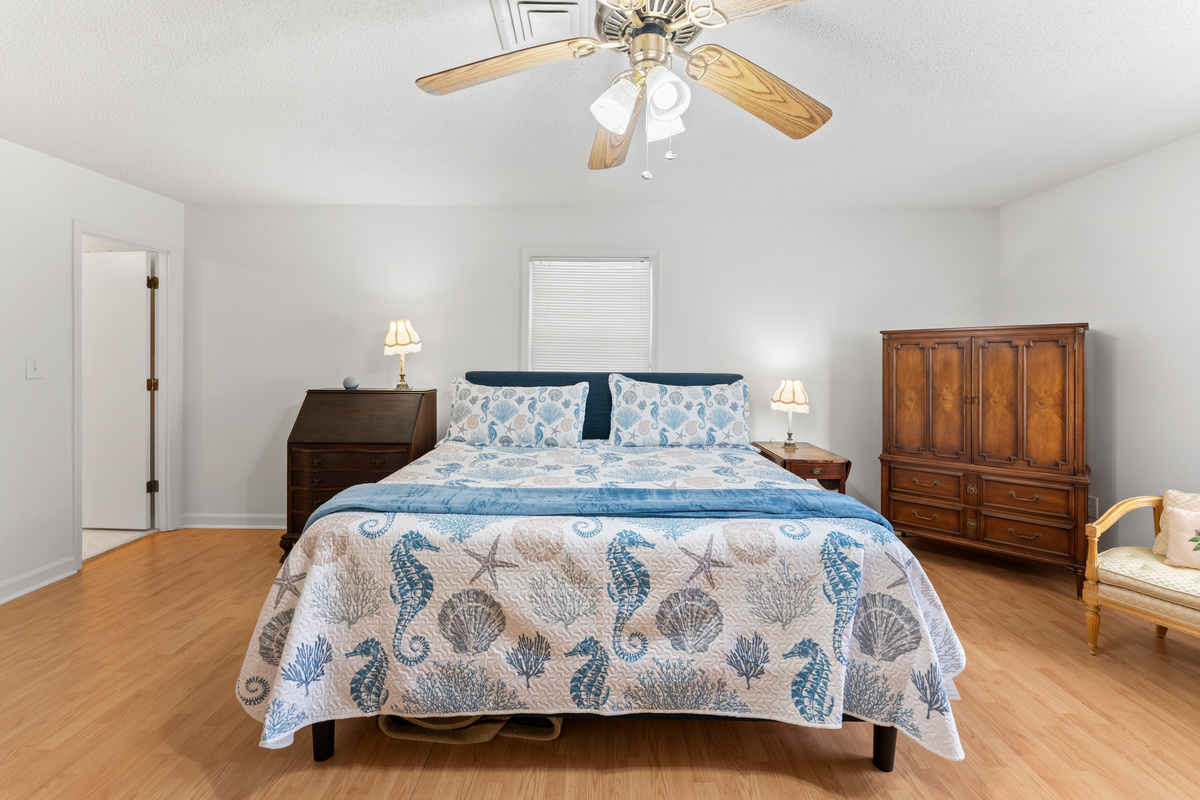 Main Bedroom upstairs with King bed, large TV and ensuite