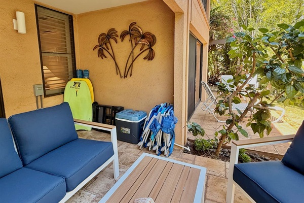 Outdoor couch and chairs, plus all the beach equipment you'll need including a cooler, cart, 4 beach chairs, boogie boards and umbrellas. You'll be ready to put your feet in the sand!