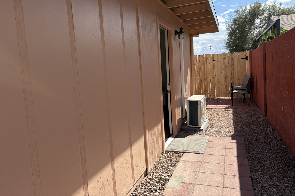 View of the main entrance to the studio from the driveway.