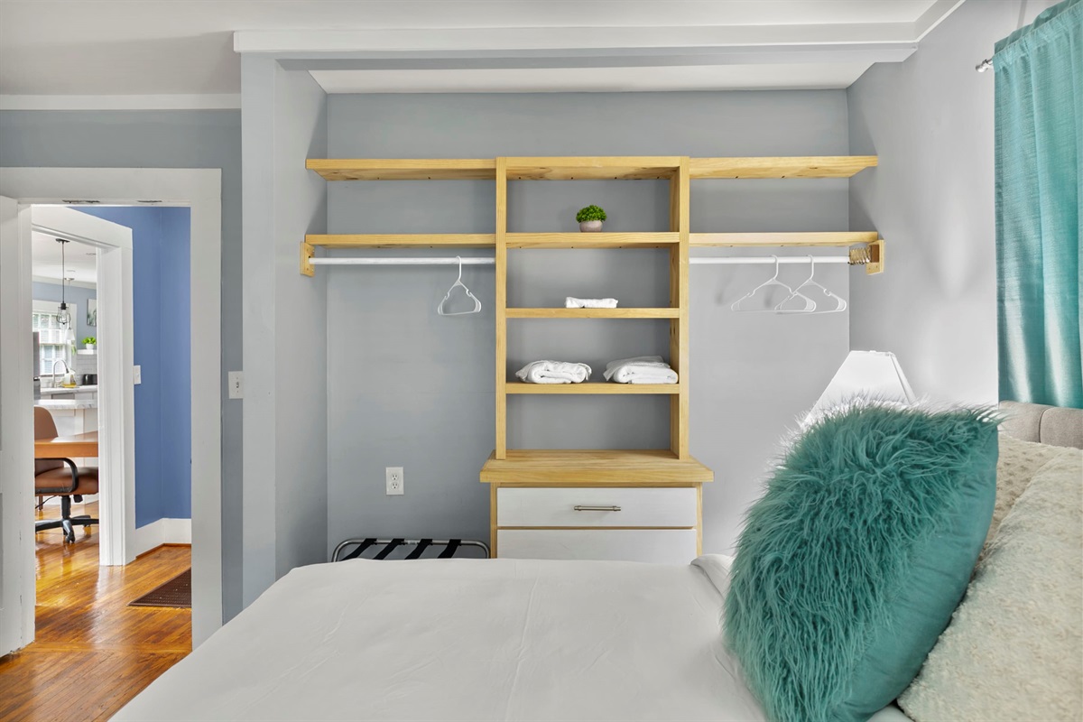 Unpack with ease and unwind in a king bedroom designed for comfort, space, and longer stays