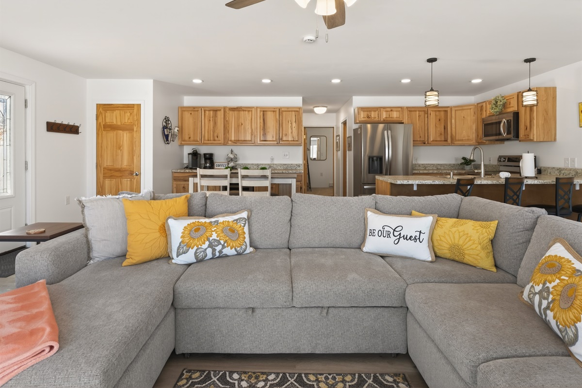 Spacious living room with fold out sofa