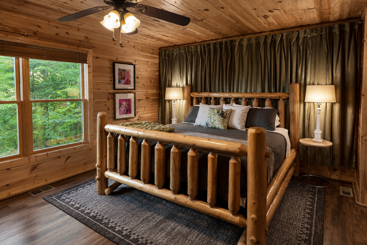 Get extra cozy in our luxurious,  first-floor king suite! Mountain views from bed, a fireplace, TV and private ensuite bathroom make this the perfect spot to rest up after a long day in the mountains.