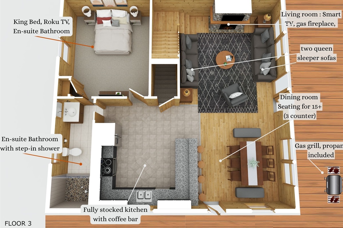 Main floor, king master suite with step in shower, kitchen, living room and dining room with gas fireplace and large screen TV. Grill outside on this level.