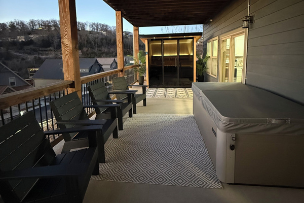 Back patio with Sauna, Cold Plunge, Hot Tub, and seating to enjoy the sunsets