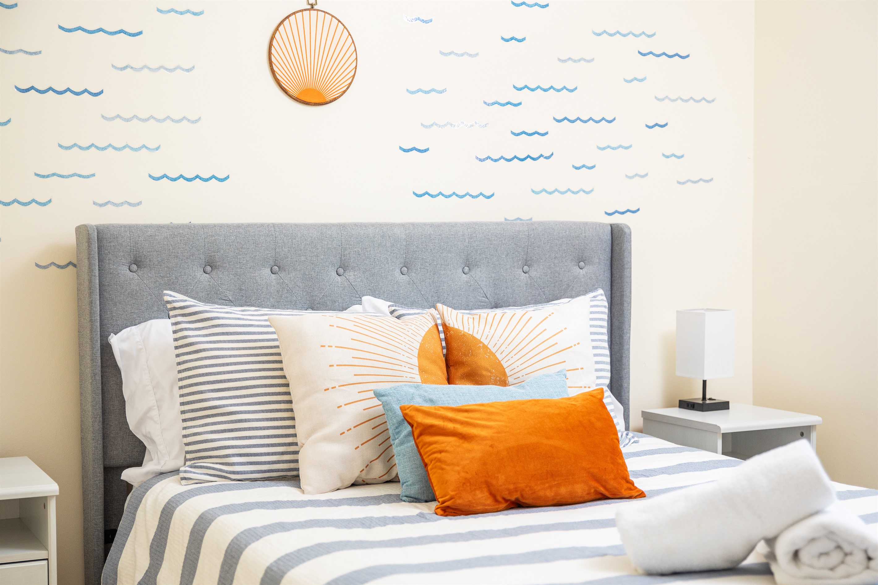 Wake up refreshed in a bright, cheerful bedroom that keeps the vacation mood going.