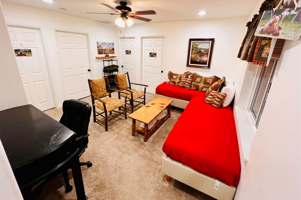 Lazy Daz is upstairs, away from the hussle and bussle with a desk area, fiber optic internet and a seating area to visit together.