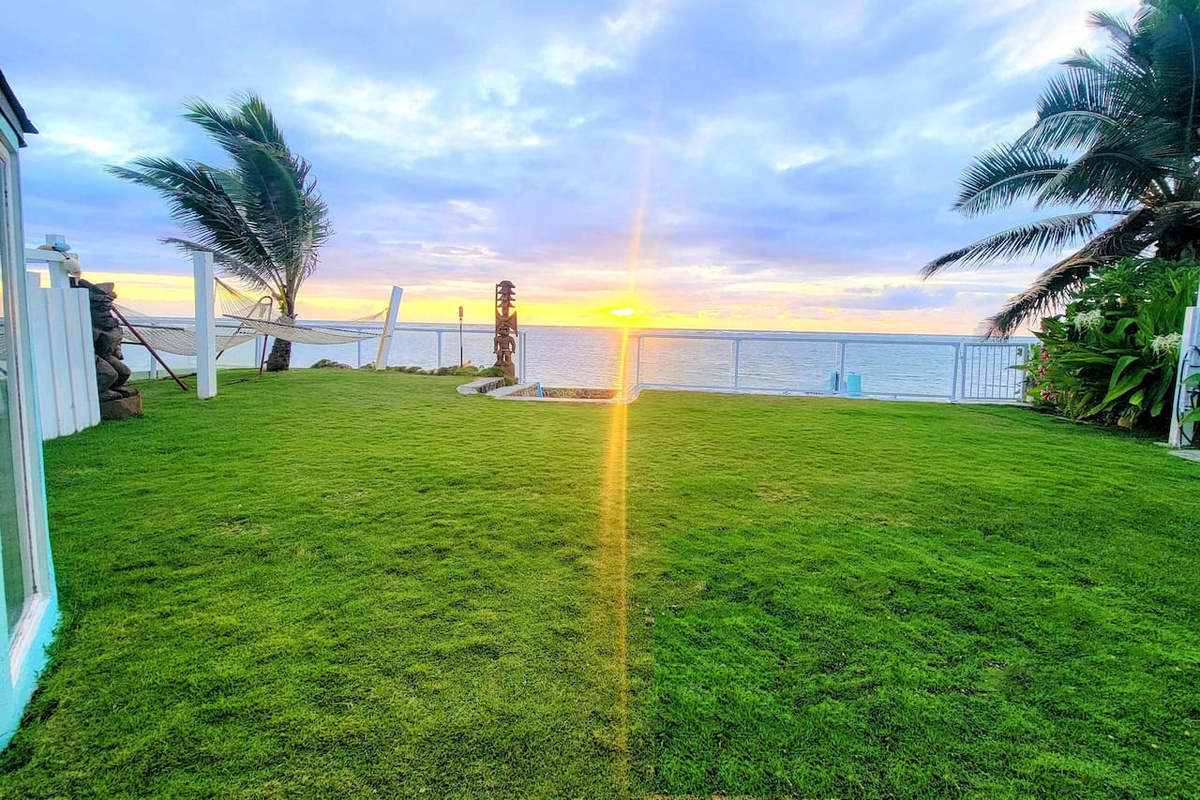 Sunrise in the Garden of Eden at the home with the worlds softest grass that is a Japanese hybrid Emerald Zoysia grass.
