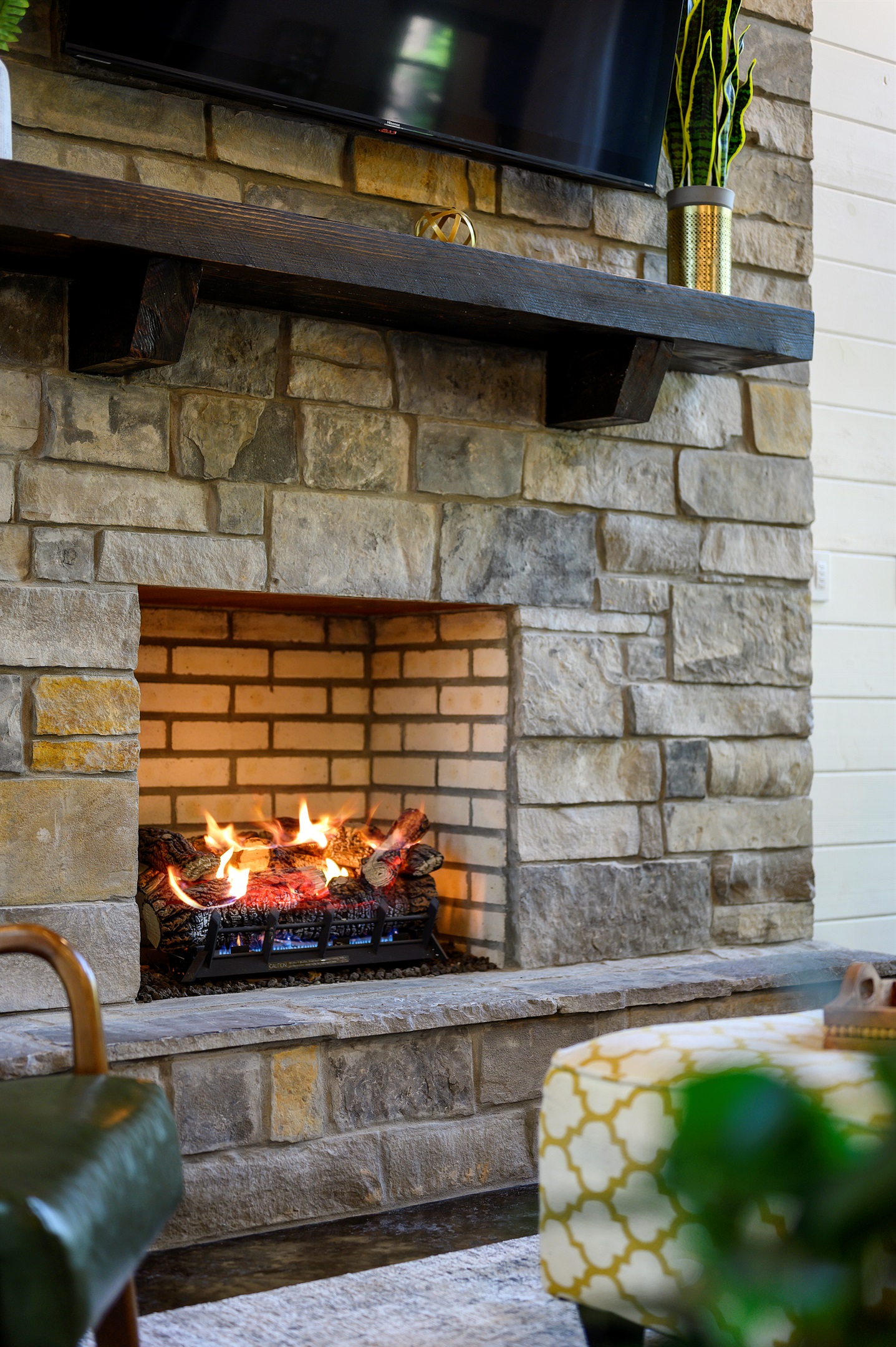 Warm indoor fireplace for a cozy cabin experience