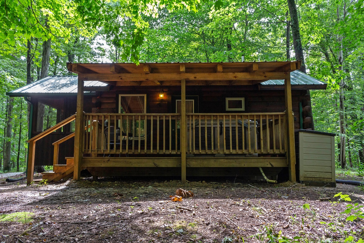 View of the back of the cabin from the firepit area