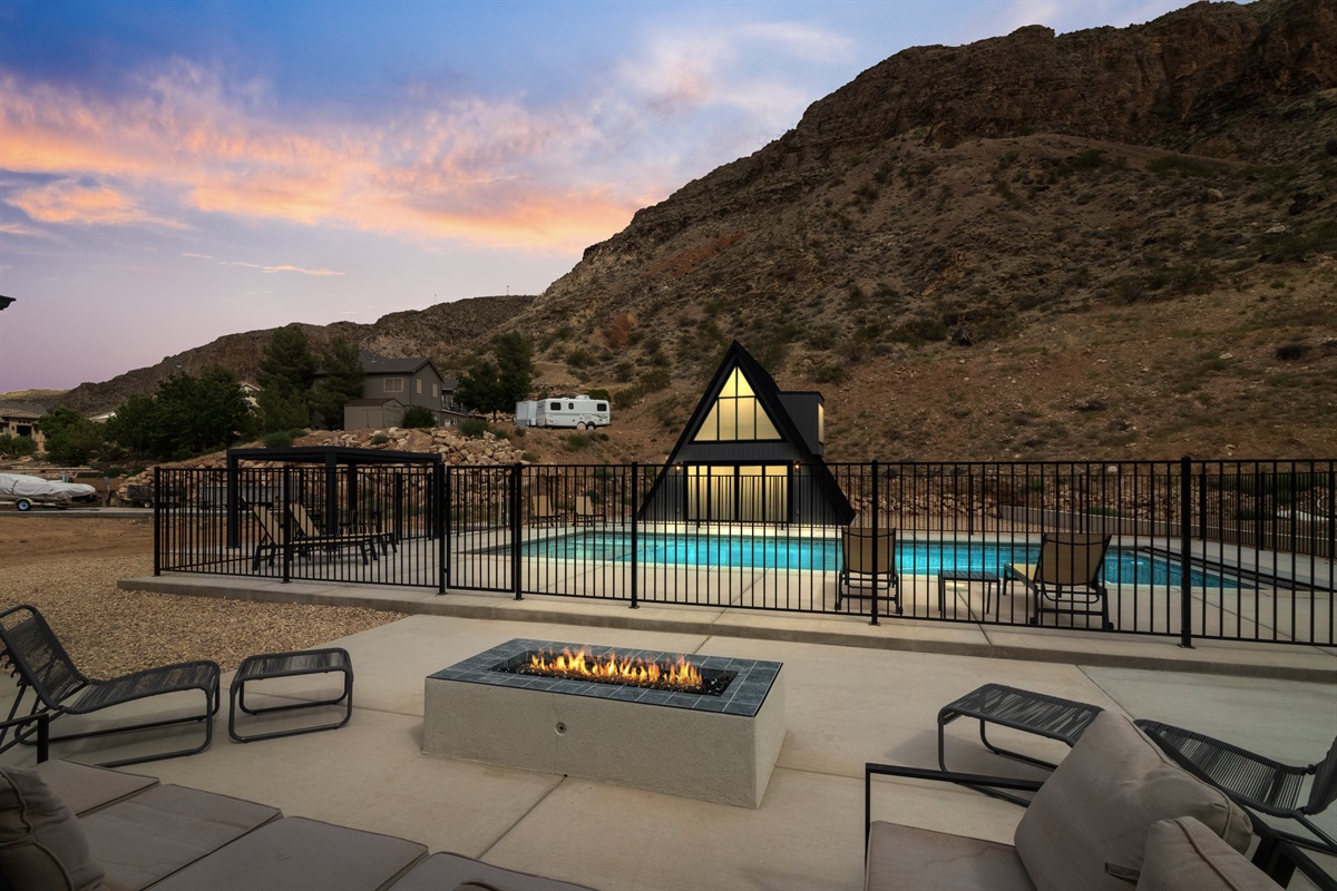 Exterior Poolside and Firepit View Twilight