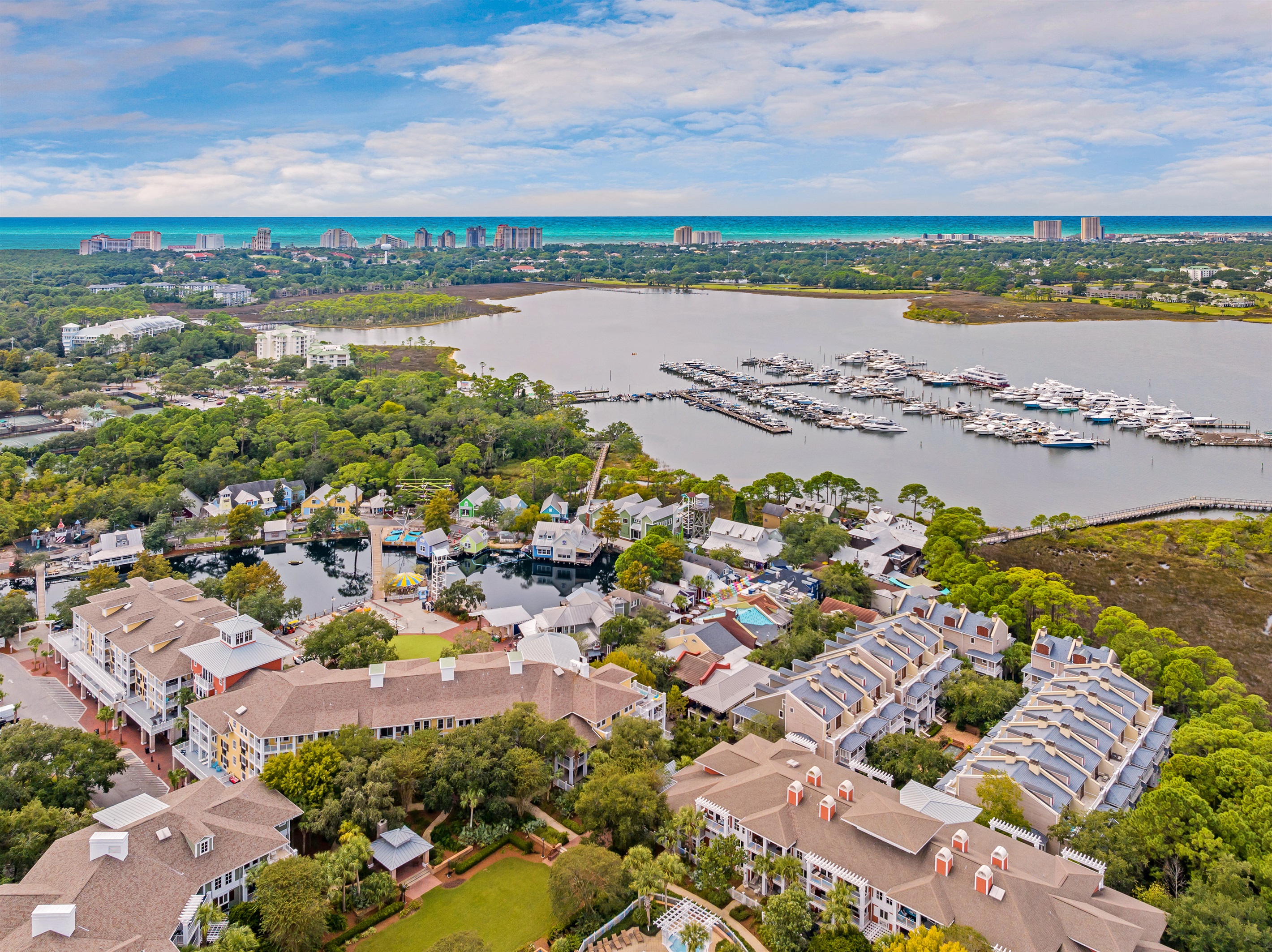 A bird’s-eye view of the lively Village at Baytowne Wharf, with boutique shops, restaurants, and entertainment options just steps away
