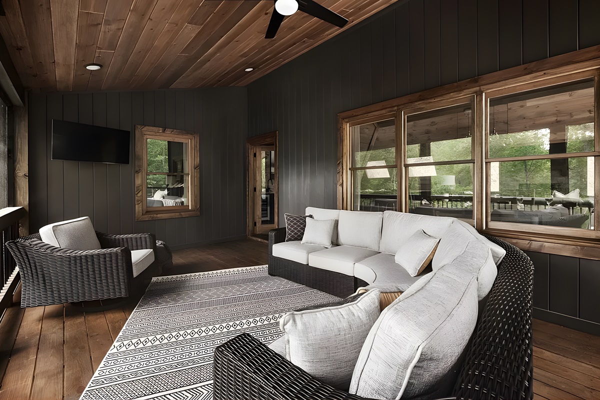 Deckside living, cozy yet refined. Sip coffee, breathe cold mountain air, and watch the day unfold from your private forest retreat.