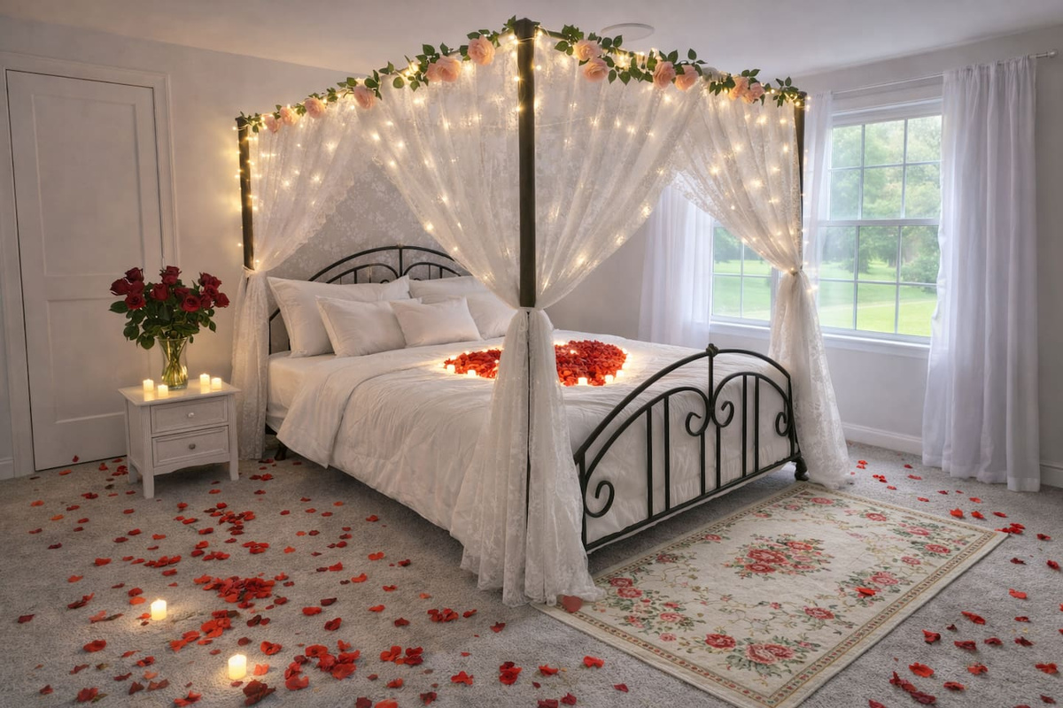 We offer romantic setup for a $100 fee. This setup includes what you see in the picture, red balloons & a cake!