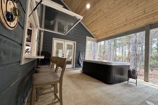 Kitchen opens straight onto back patio for entertaining and serving.