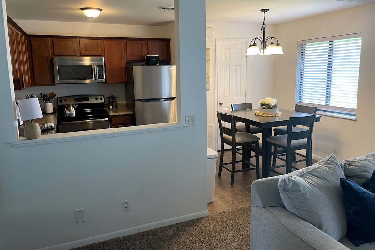 Kitchen overlooking eating and living area.