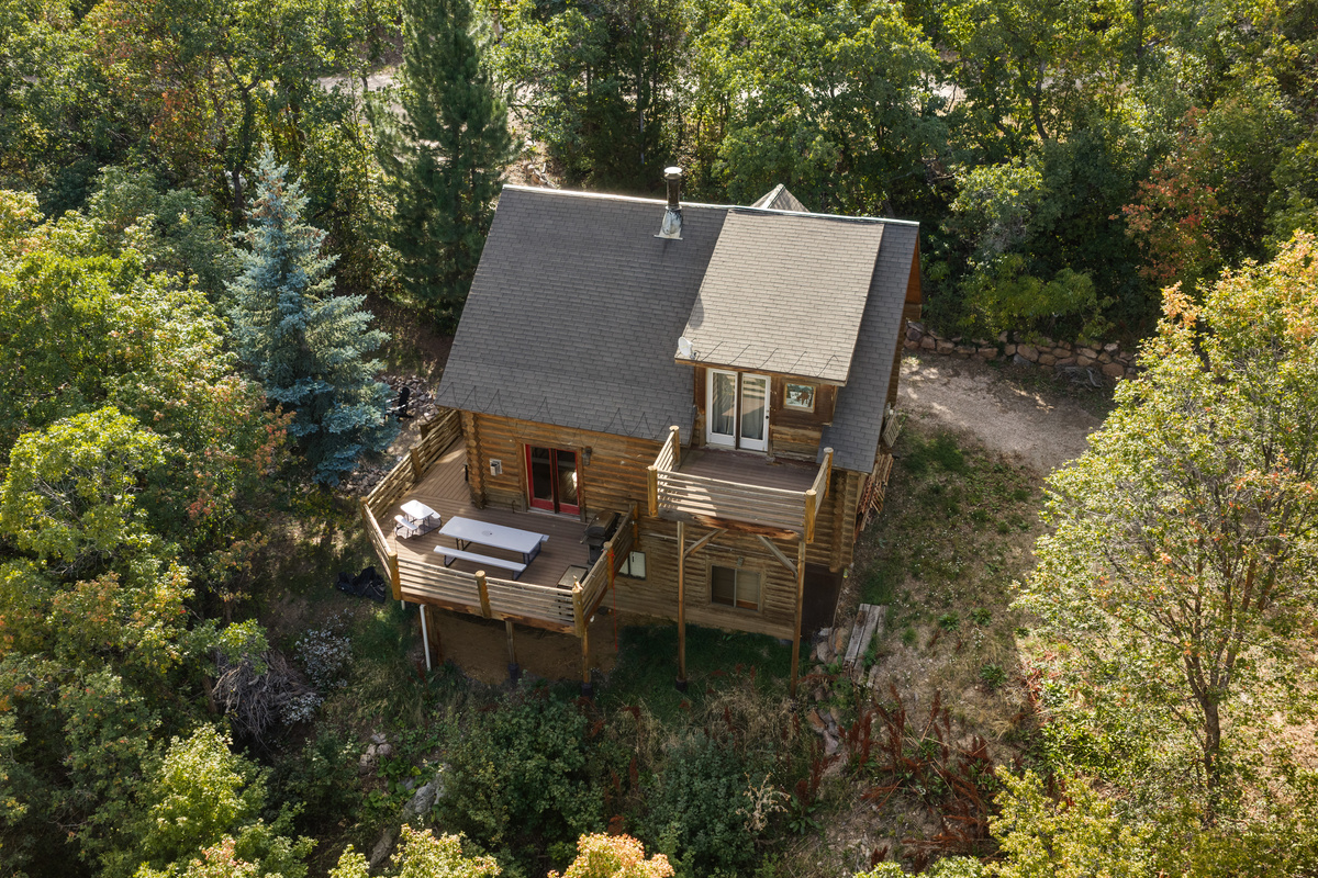 Elevated aerial perspective of the cabin tucked into dense mountain greenery.