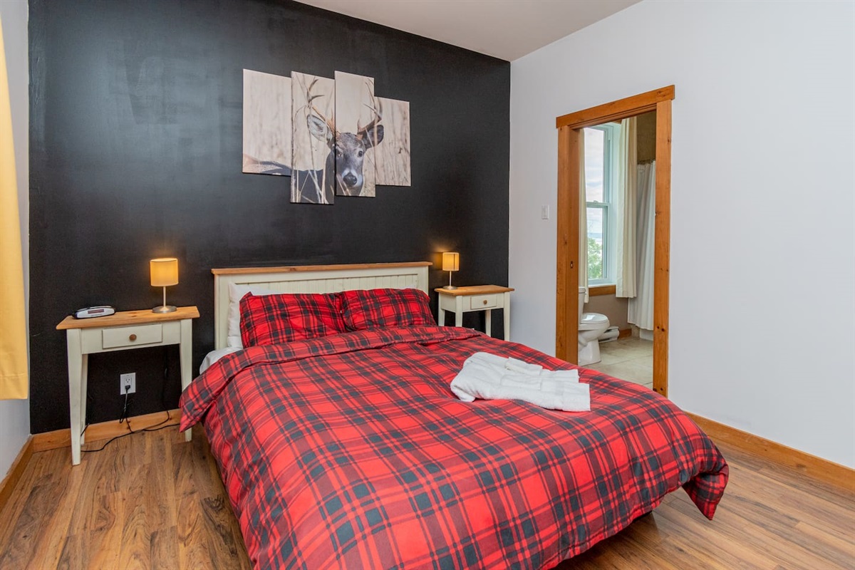 Chambre #3 au rez-de-jardin avec un lit queen et une salle de bain.