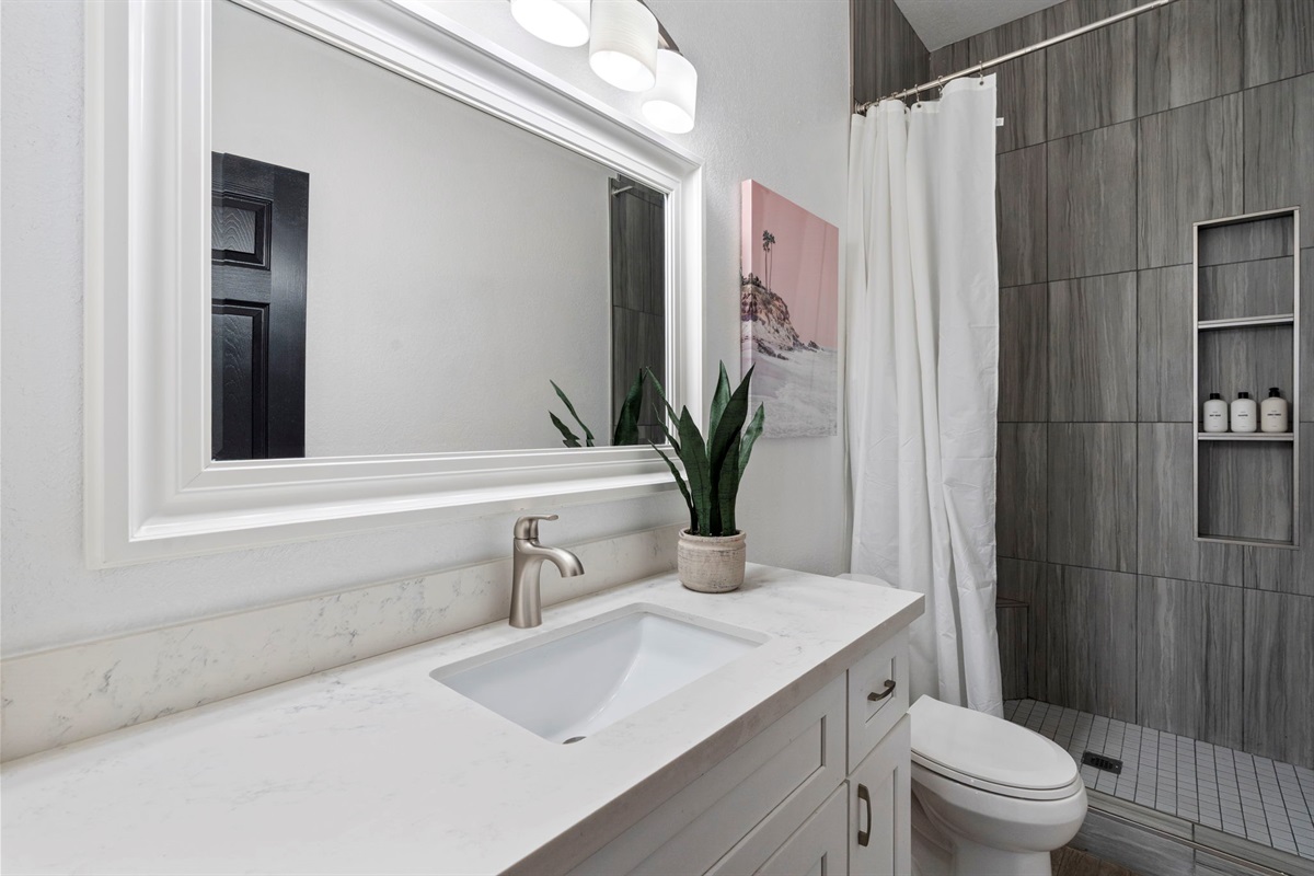 Walk in shower & sink with extra space, blow dryer & drawers