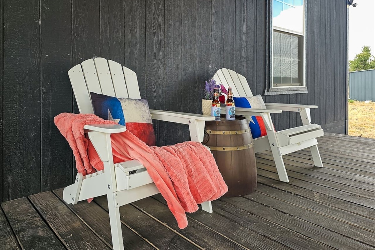 Cozy up on the porch with a blanket and a good book, and let the quiet of the Hill Country melt your worries away.

“Great cabin! Quiet and quaint!” – Brittany, ‘22

