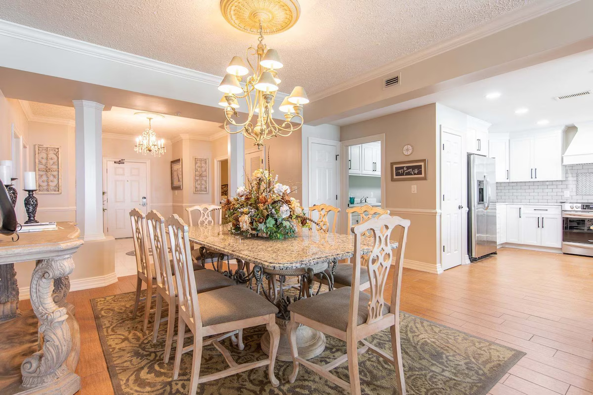 Dining Room With Seating for 8, in addition to the Seating for 7 in the Breakfast Area. The Dining Room is visible from the Breakfast Area thanks to  the Open Floor Plan