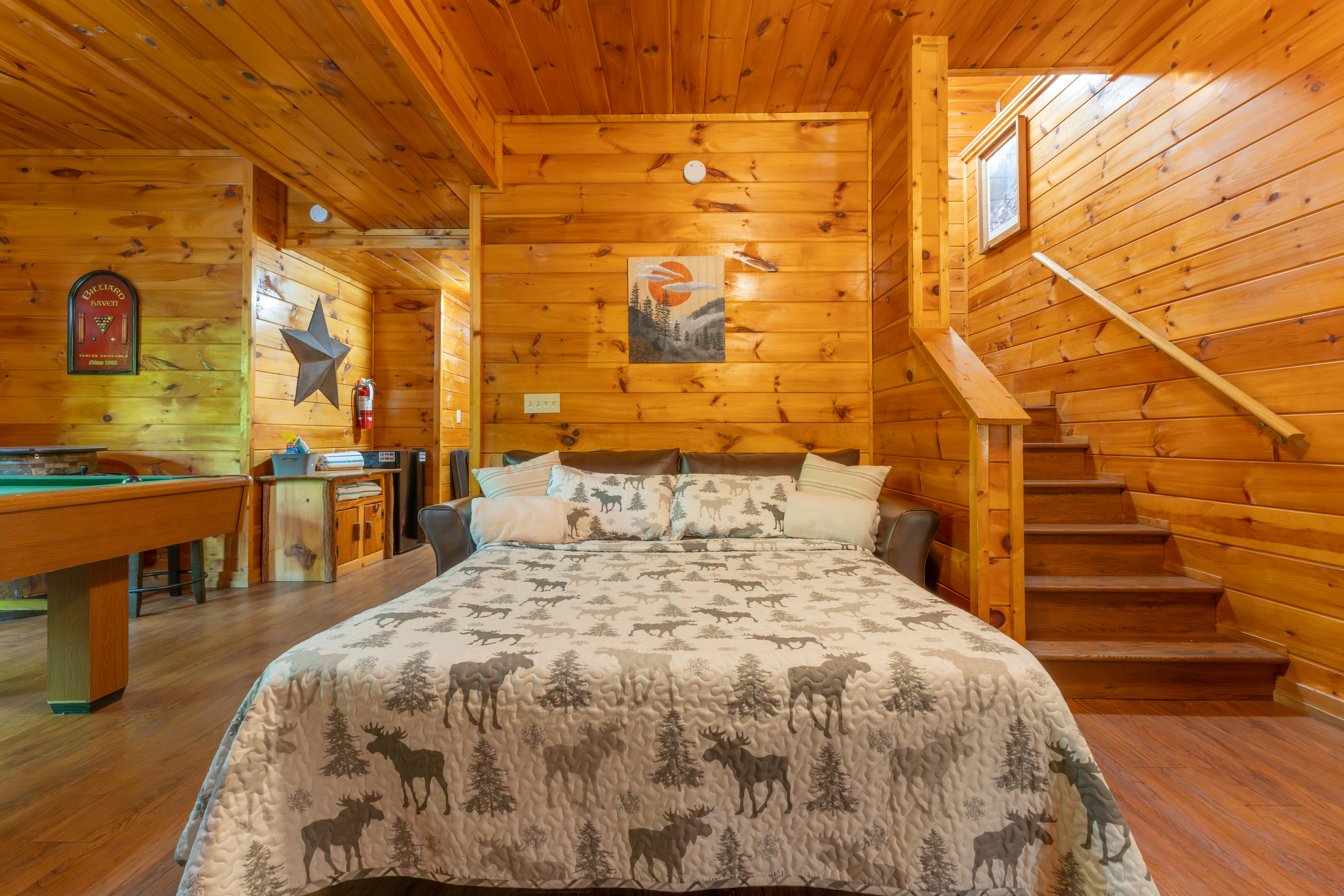 The sleeper sofa on the lower level provides additional sleeping space for extra guests.