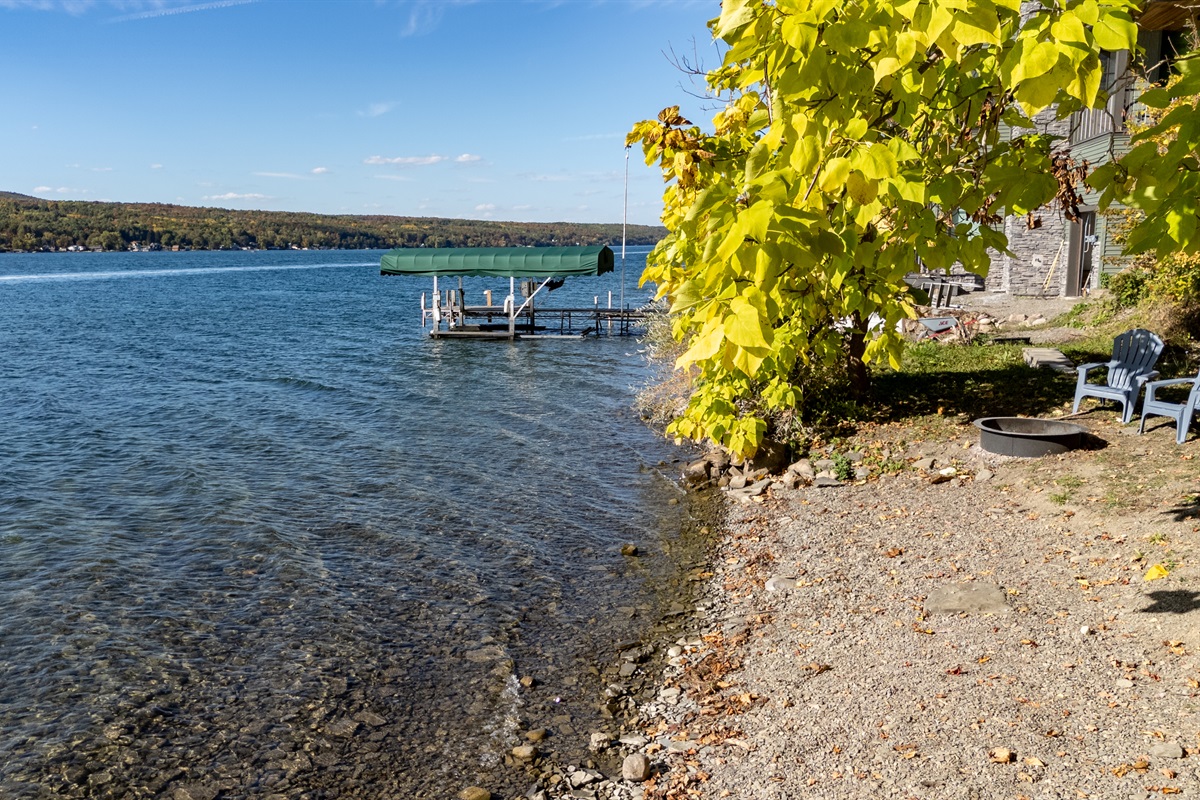 Dock and water view with tree canopy overhead — lakeside peace.