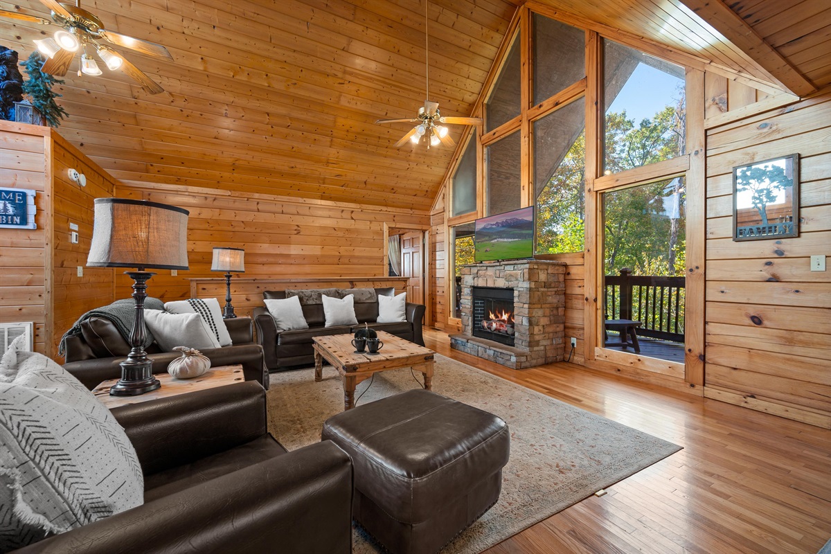 Comfortable leather sofas, great for cozying up by the fireplace, in the upstairs living room.