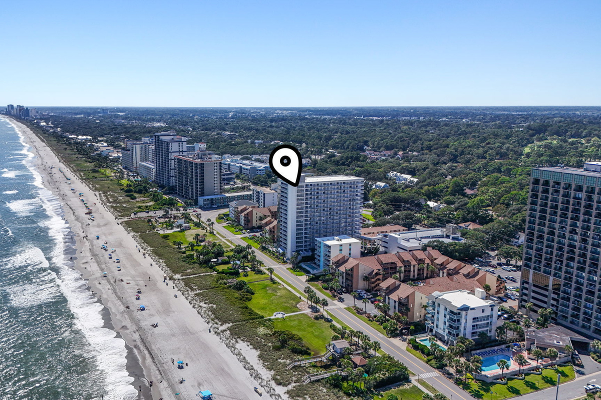 Aerial view of the coastline with Forest Dunes marked