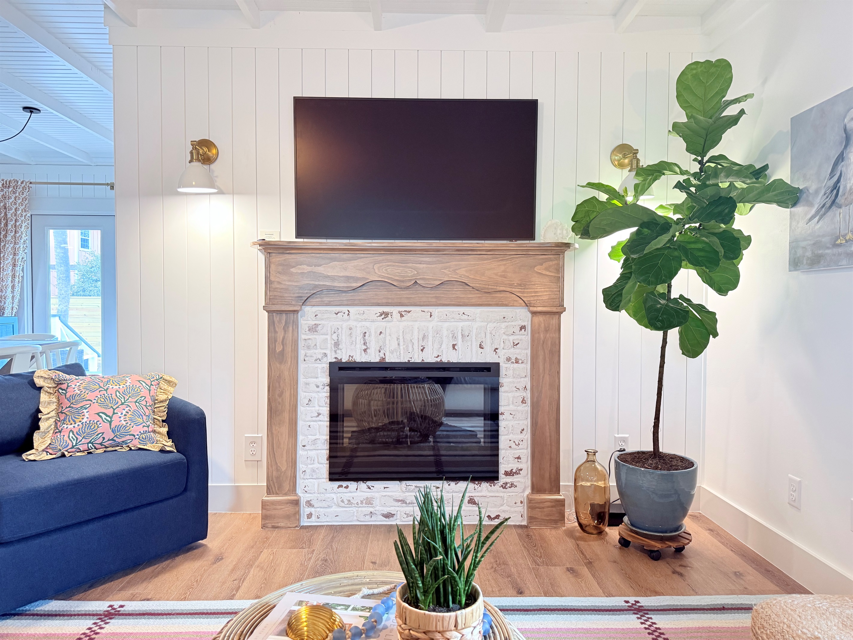 Electric fireplace in the living room and smart frame tv