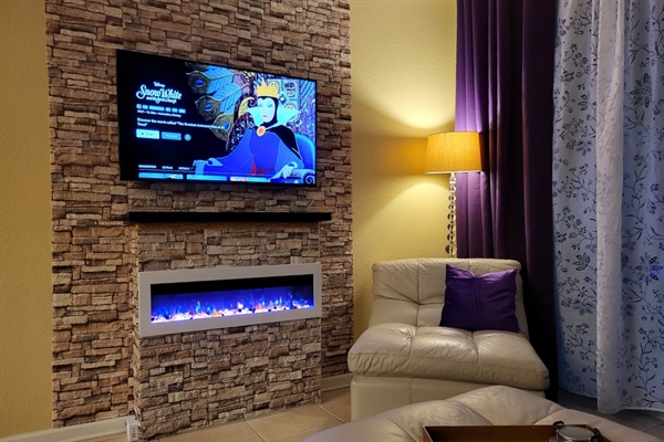 Our color changing fireplace - perfect for watching the best animated film ever!