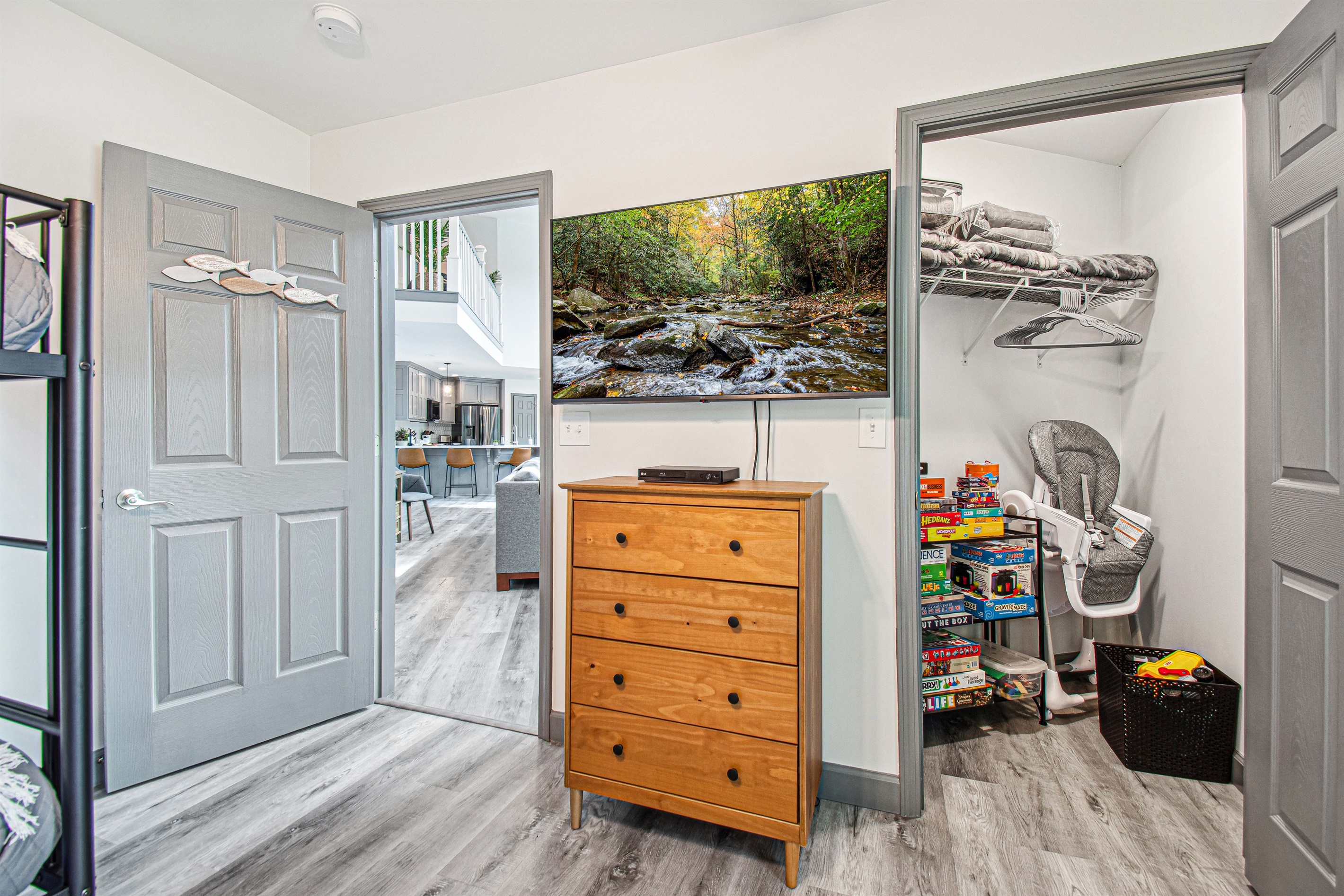 We are fully stocked with fun games, a DVD player and 50" Smart TV w/Roku in the bunkroom.