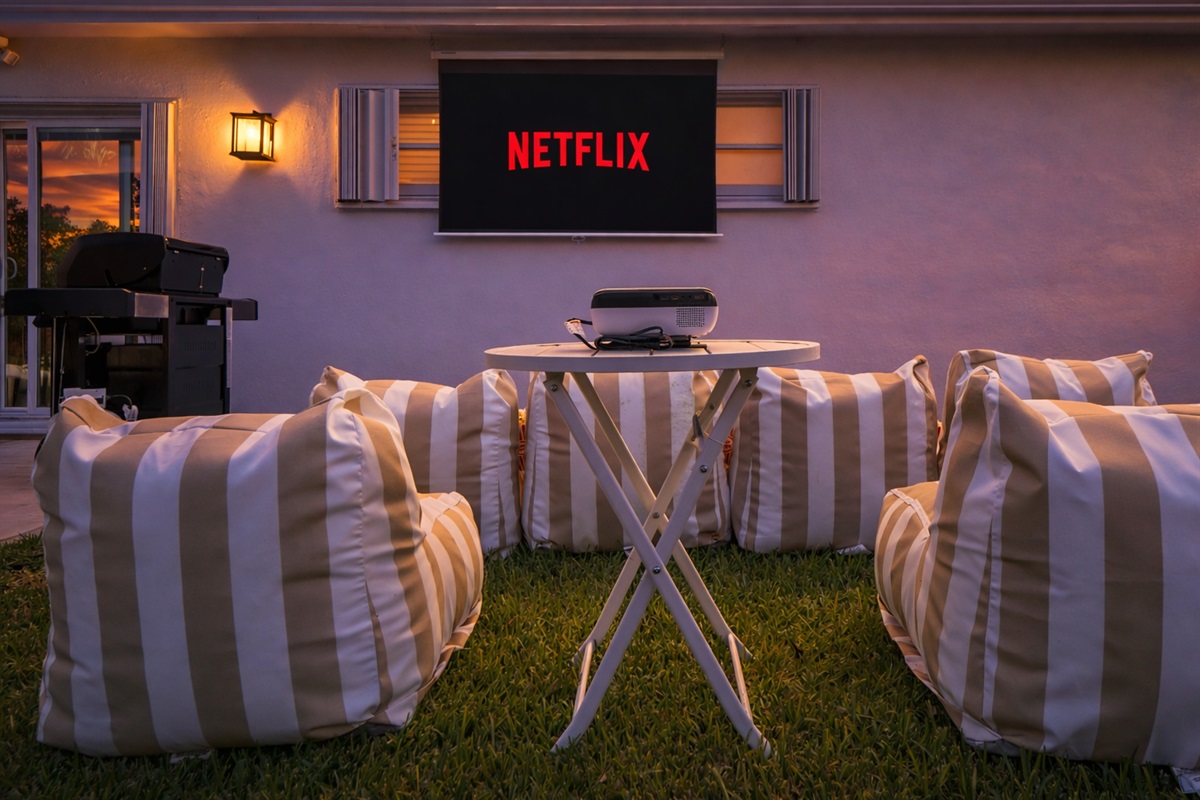 Movie nights under the stars with our outdoor cinema—plush lounge seating, popcorn ready, and your favorite shows streaming in total backyard privacy.