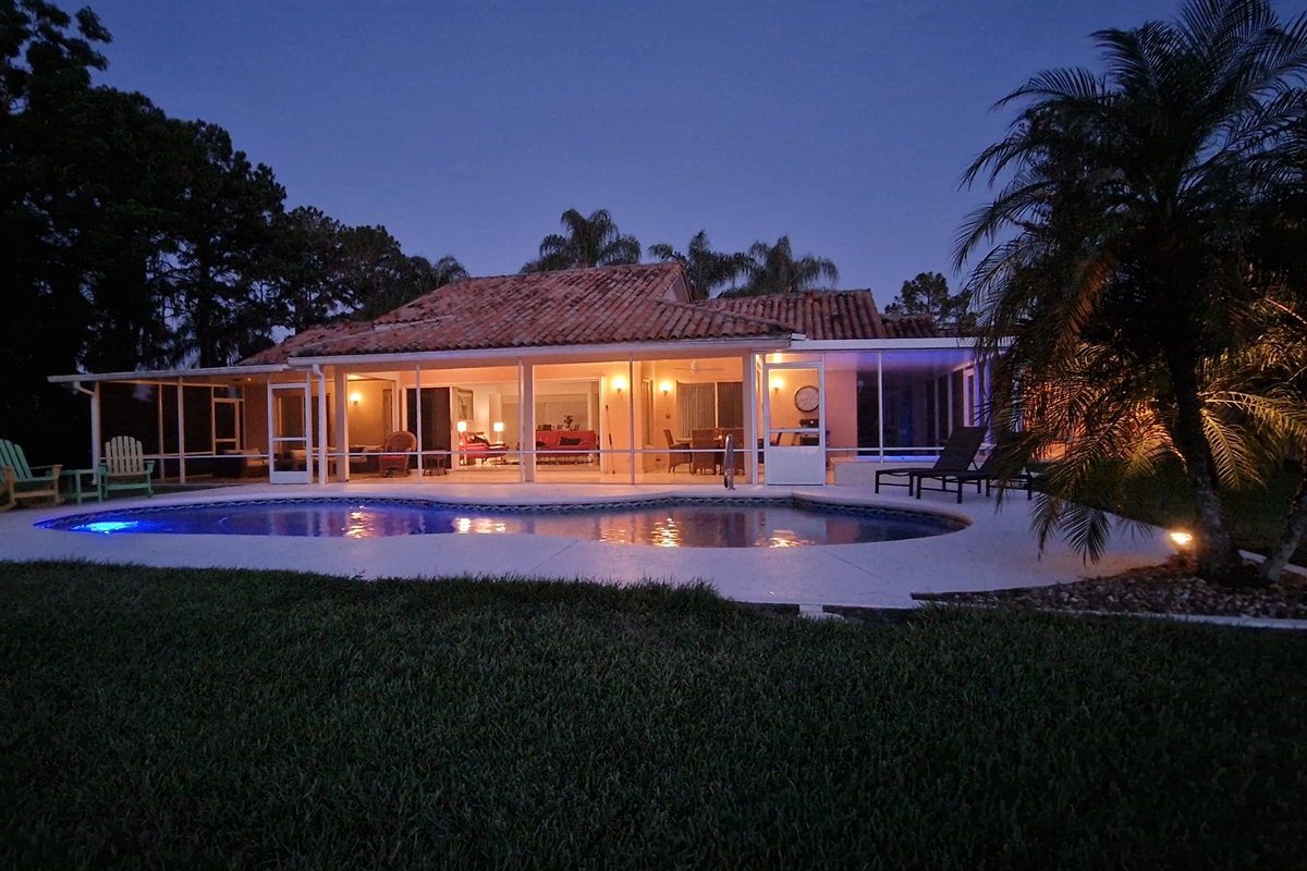 Evening view of pool and lanai