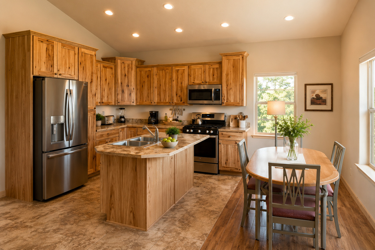 The open kitchen and dining area flow together, giving everyone room to cook and gather in one bright space.