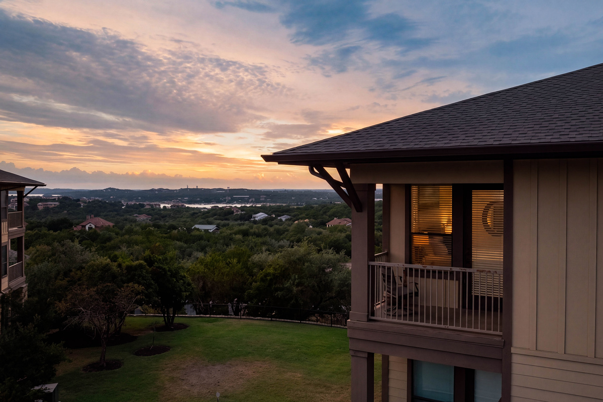 Third-floor condo in The Hollows with an elevated setting overlooking the Lake Travis area.