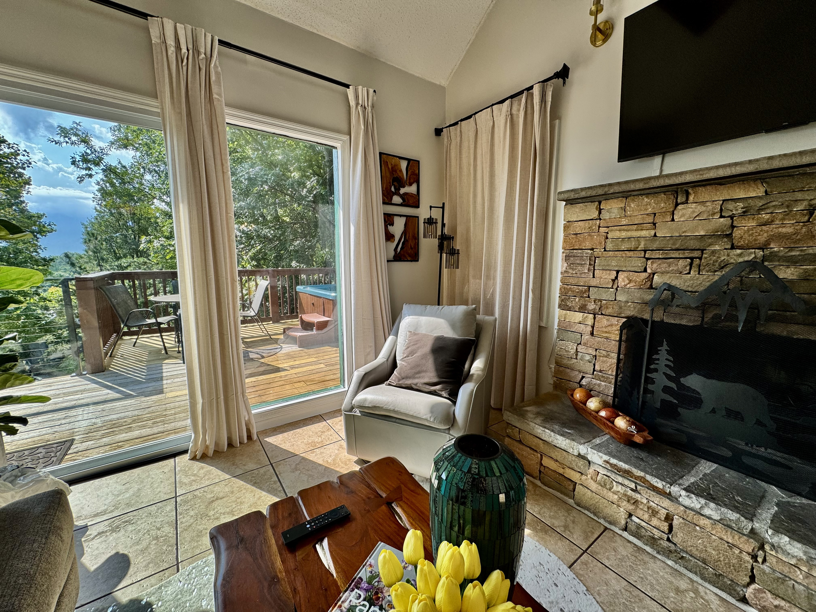 Living Room View Showing the Mountain Scenery and Gatlinburg City Lights.