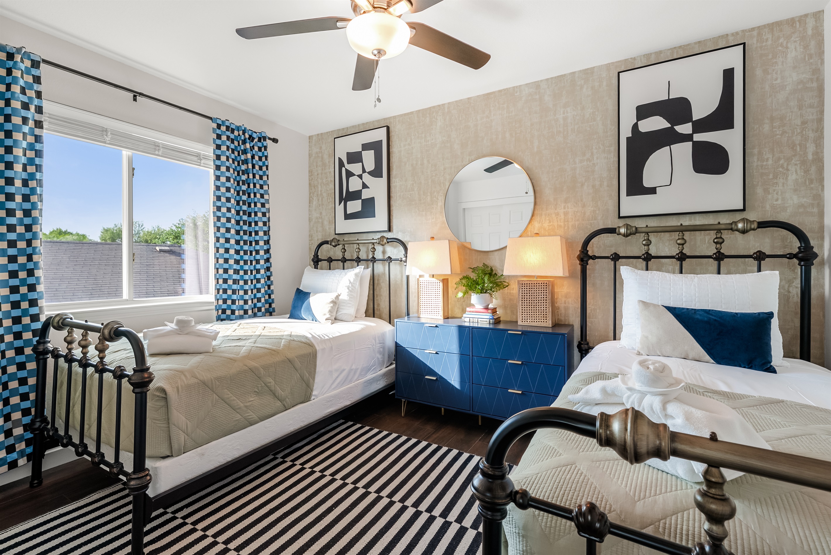 Two twin sized bed and large closet