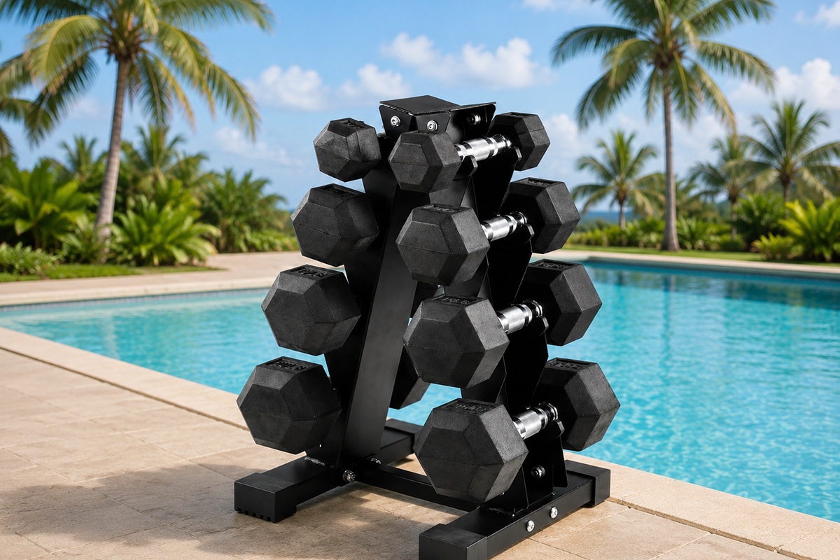 A 100 lb weight set is included. It features 5 lb, 10 lb, 15 lb, and 20 lb dumbbell pairs