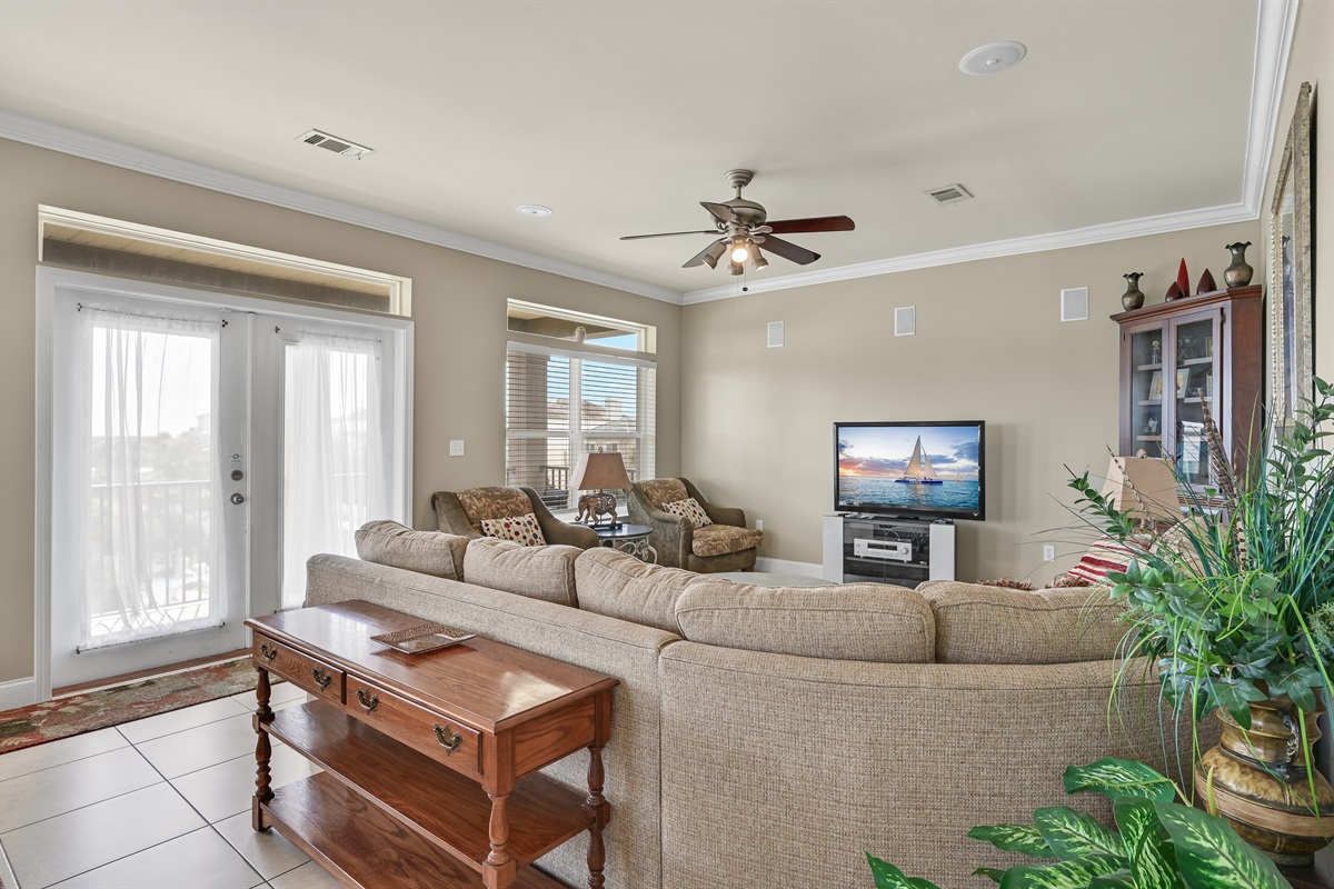 Living Room #3 (Third Floor) –  Large L-shaped sleeper sofa, accent chairs & TV