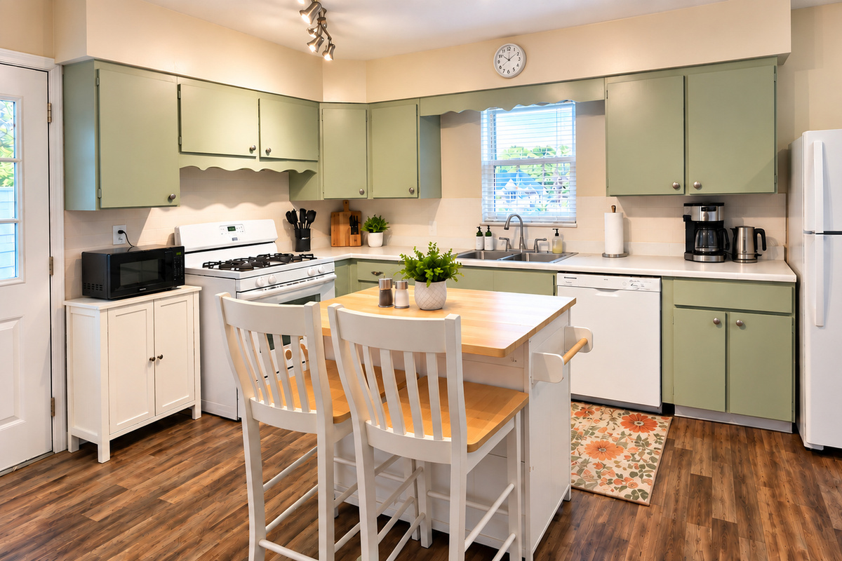 Fully equipped renovated kitchen with island, dishwasher & air fryer.