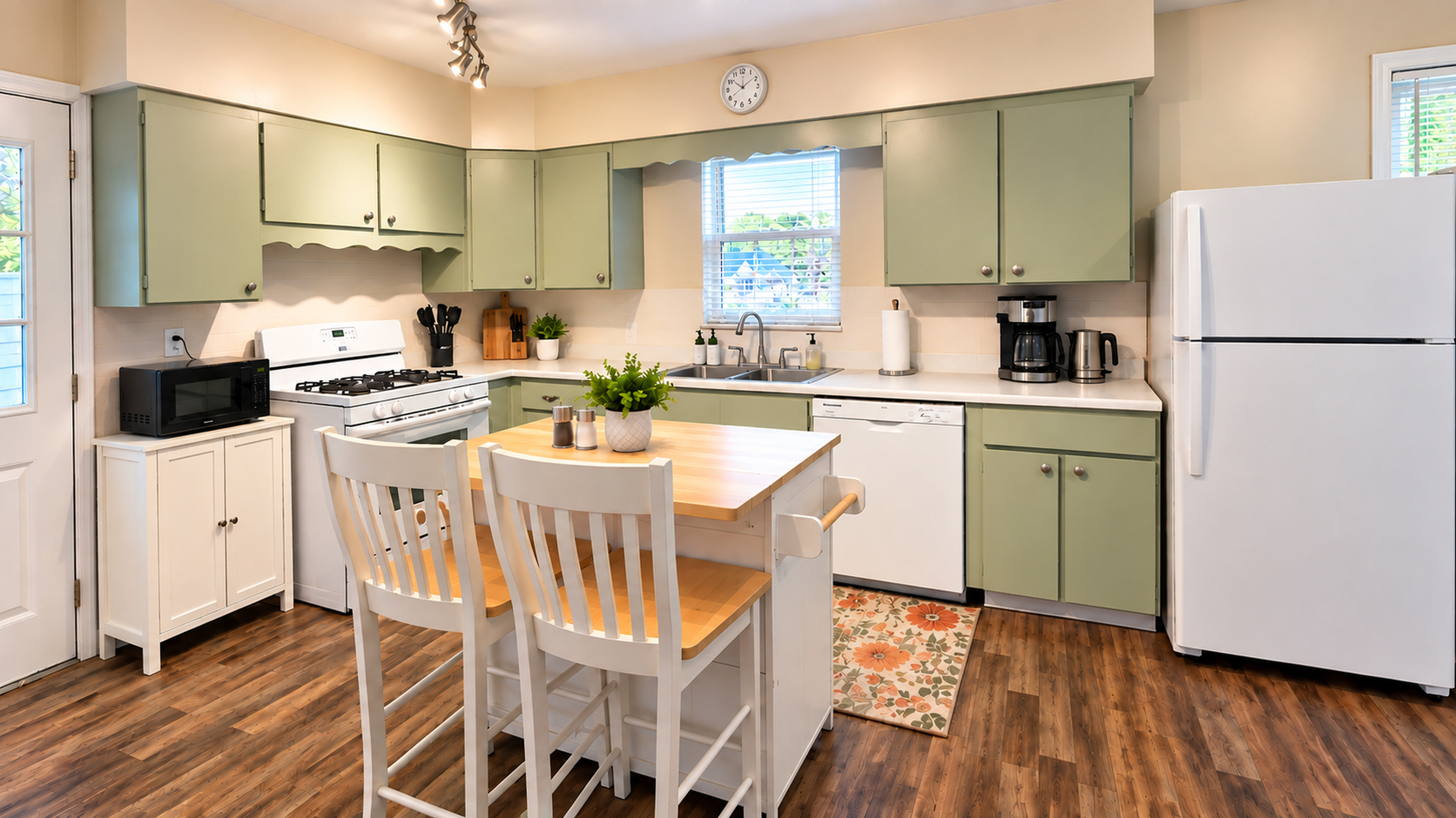 Fully equipped renovated kitchen with island, dishwasher & air fryer.