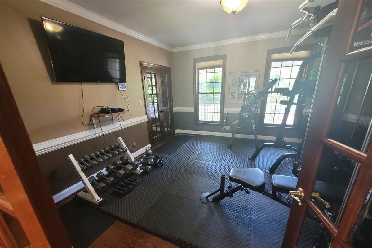 Exercise Room with dumbells, large smart TV to watch when working out, inspire F2 Functional Trainer, dip bar, pull up bar,