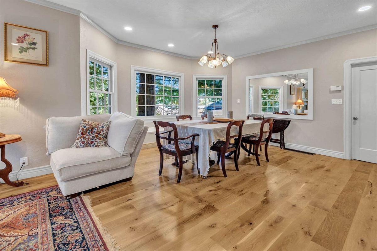 Dining room with table that seats 6.