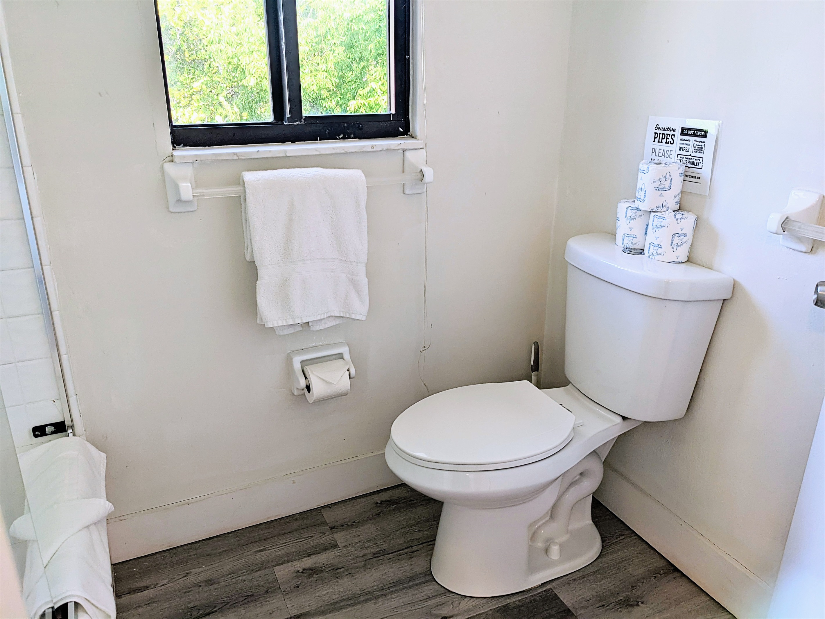 All bathrooms are fully stocked with towels and bathroom supplies. Poolside shared bathroom available 24/7.