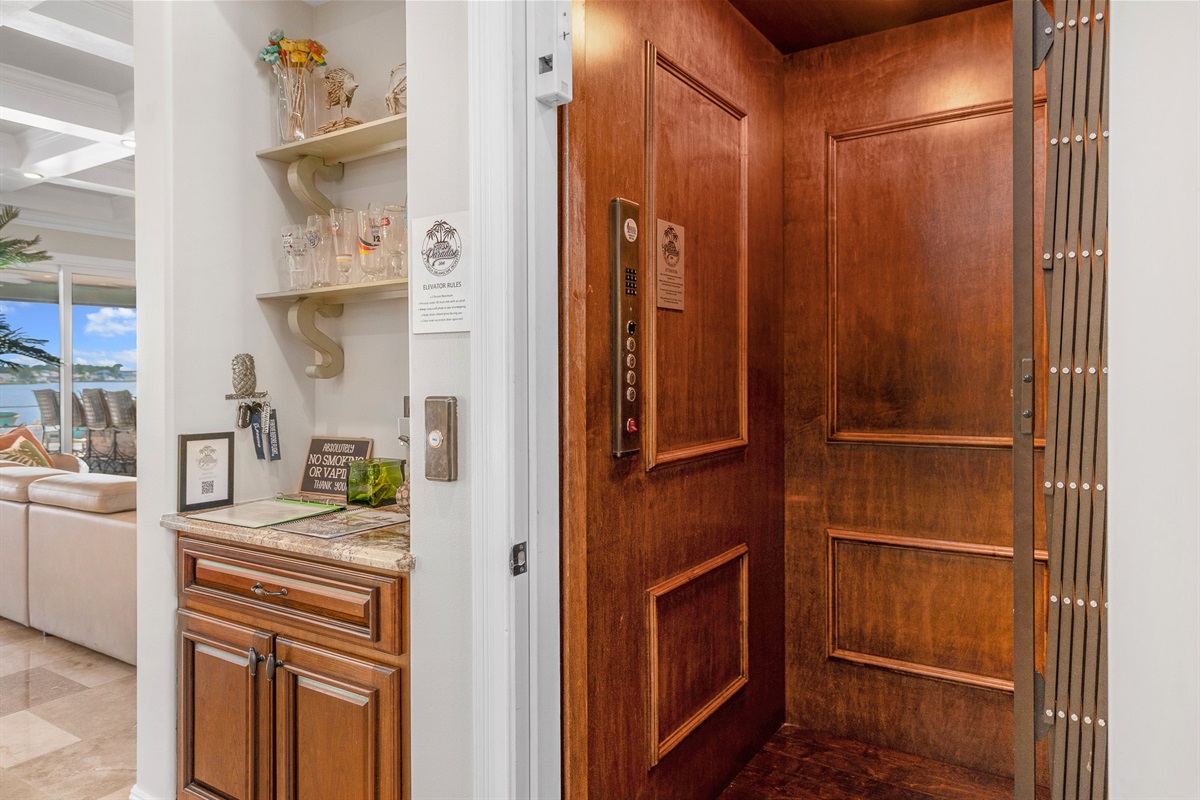 The elevator from the first floor makes each floor accessible for anyone.