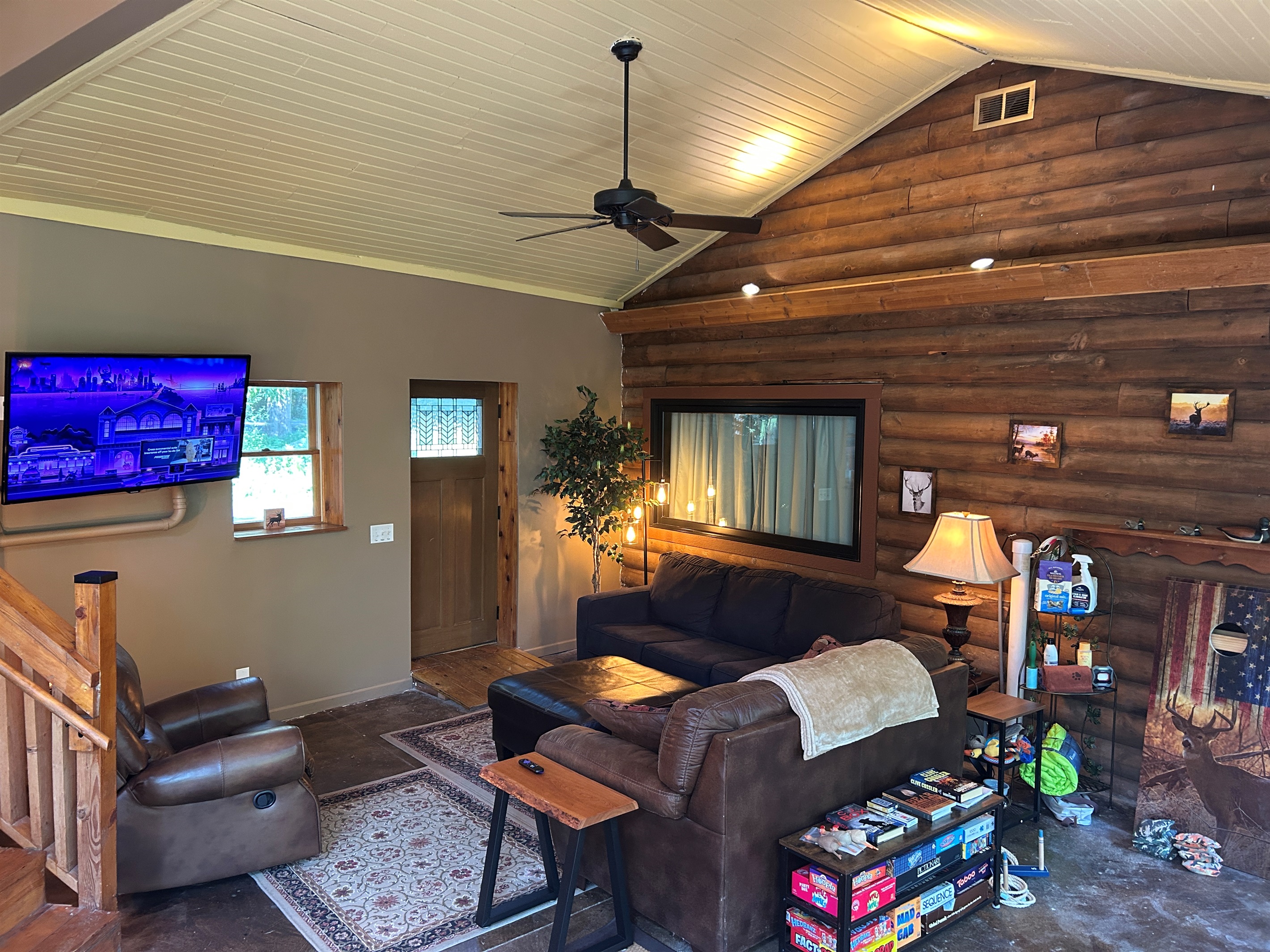 The front door is equipped with a time sensitive electronic lock-providing you with another entry option. The TV has a Roku so you can log into your own streaming accounts to watch your shows.