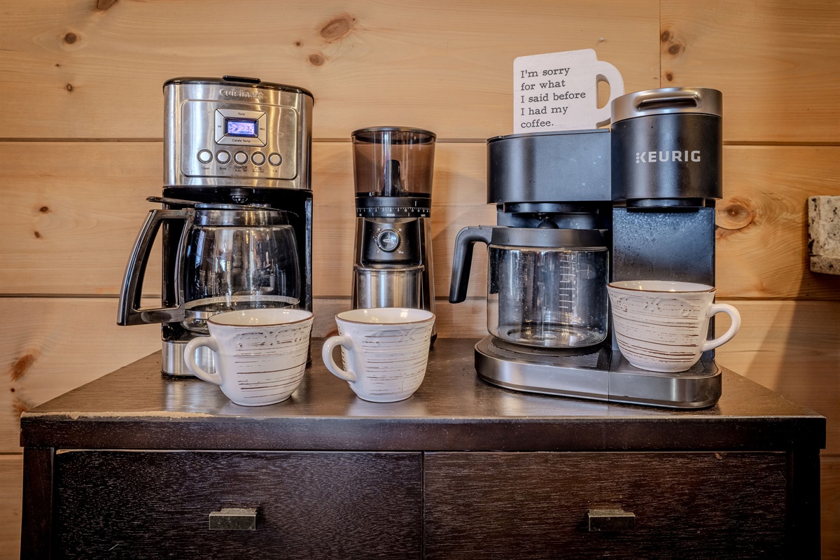 Coffee lovers’ station with drip, grinder, and Keurig options.