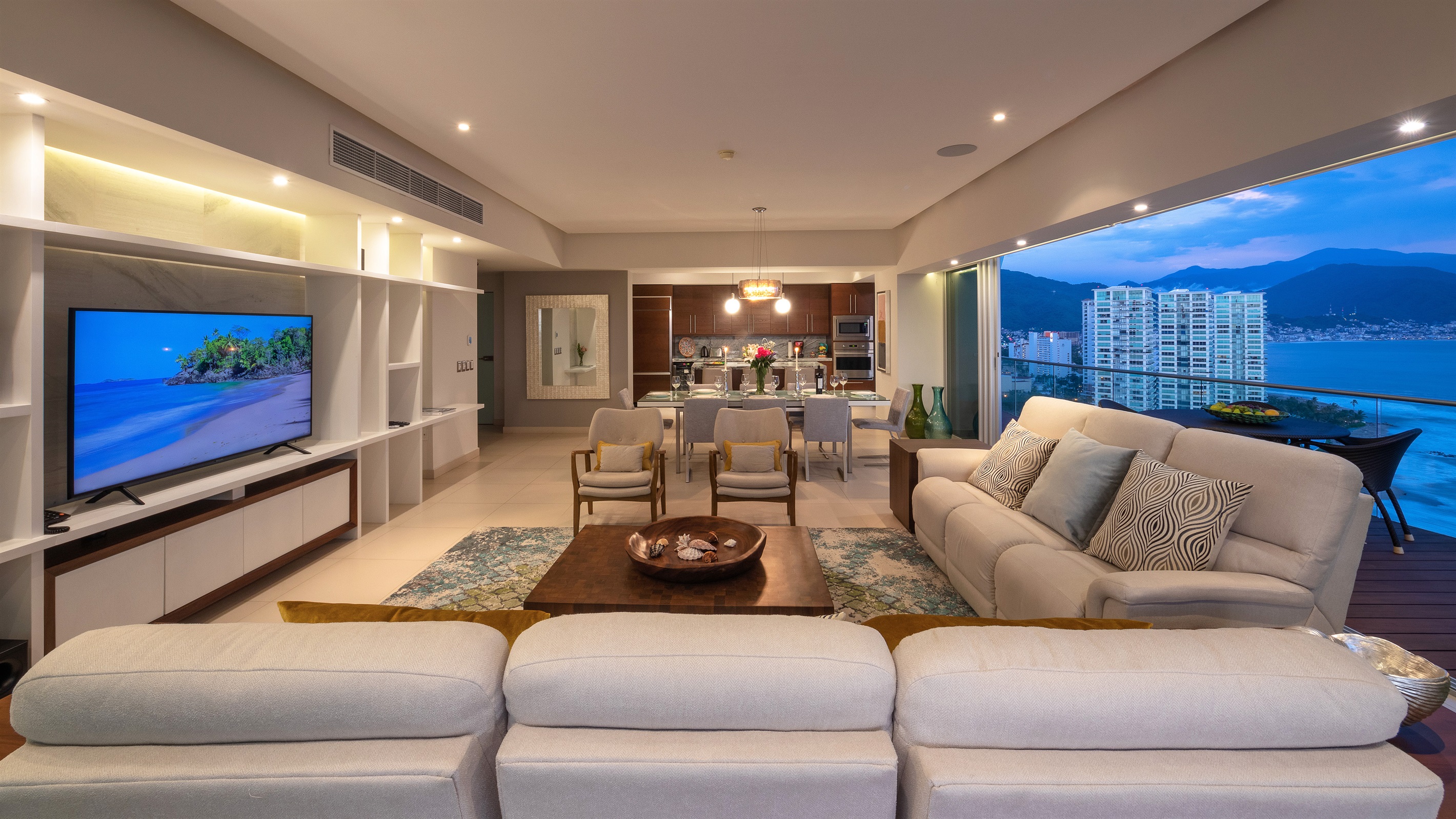 Living, Dining and Kitchen at Night