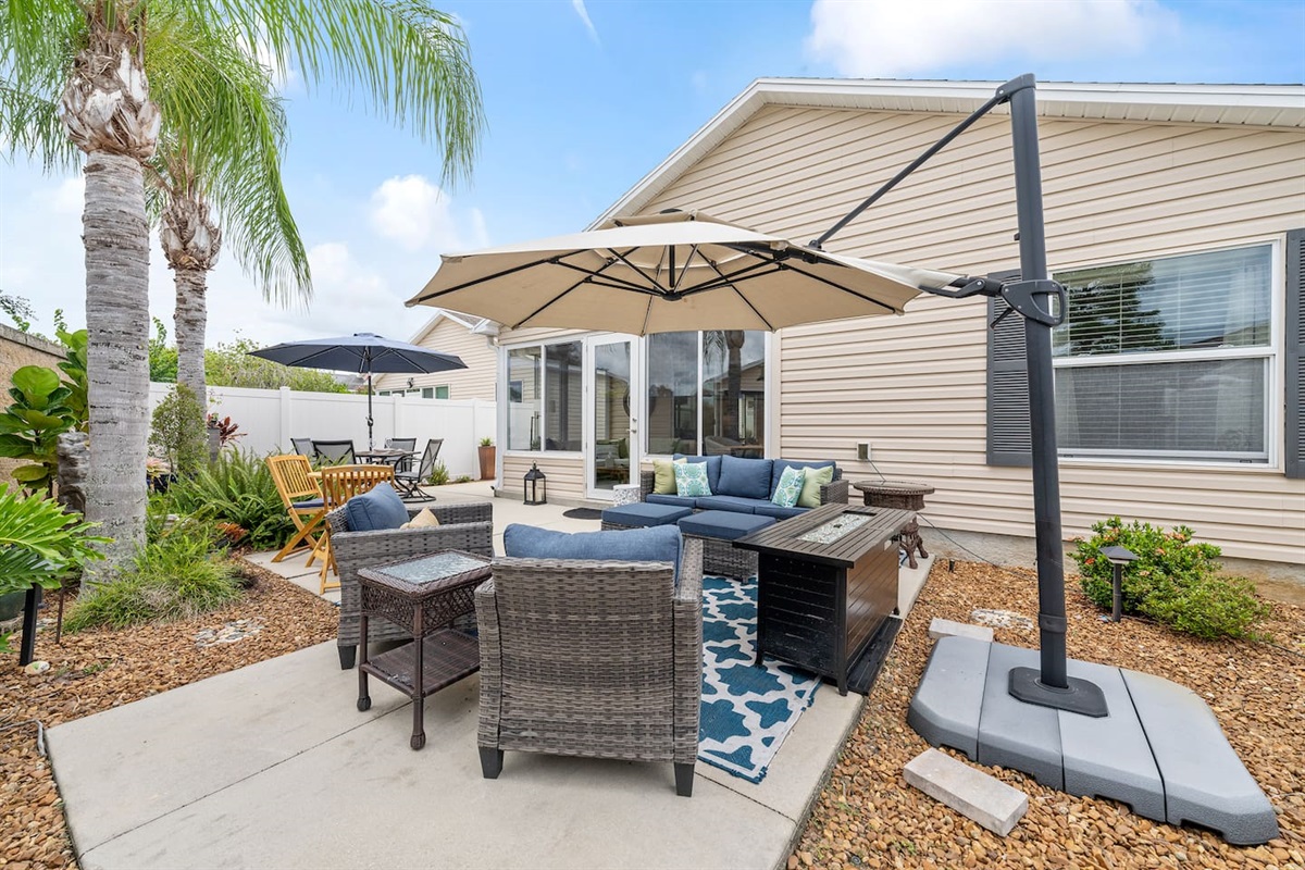 The pictures do not do it justice!  This space is incredible and ensures that you will have all you need to enjoy the outdoor space-seating, shade, fountains, fire-pit, beautiful landscape and comfortable furniture.  